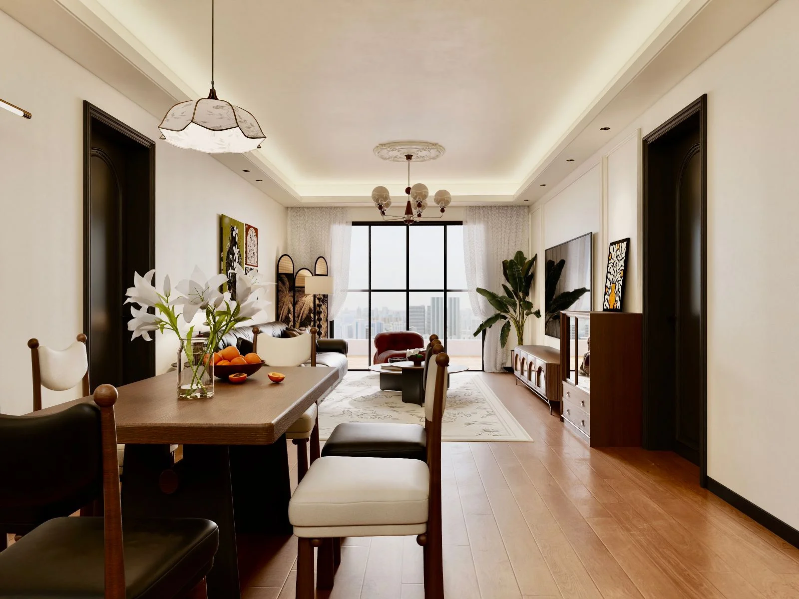 Donyo Ridge living and dining area rendering with upholstered chairs, a wooden table, sofa and large windows.