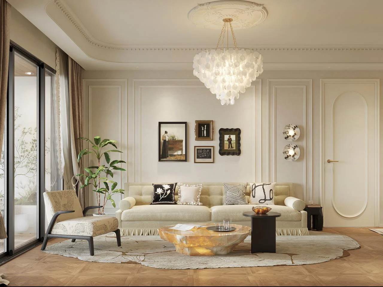 Donyo Ridge living room with a cream sofa, chandelier, decorative wall mouldings and large glass doors.