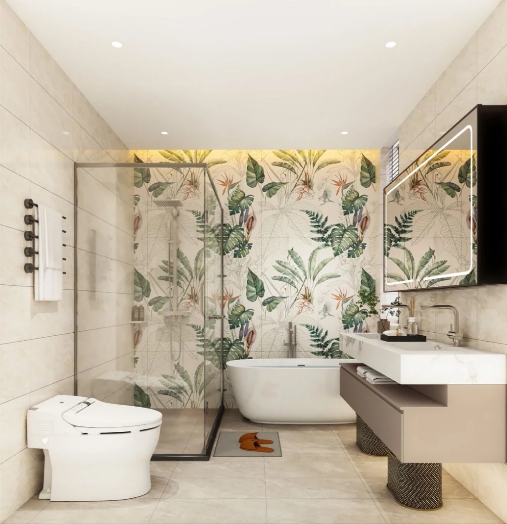 Bathroom rendering at Golden Hill Residences with freestanding bathtub, glass shower enclosure and botanical feature wall.