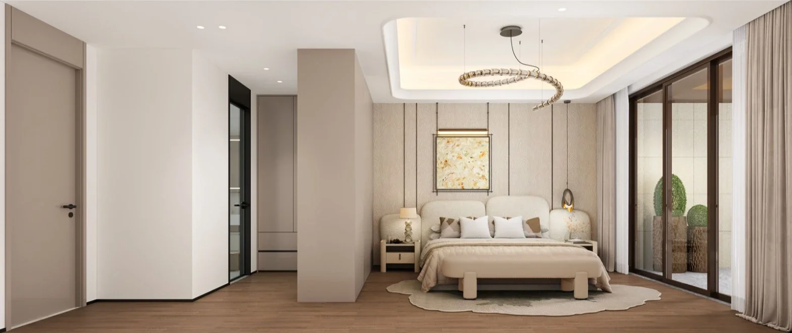 Bedroom rendering at Golden Hill Residences, Westlands, with an upholstered bed, curved chandelier and full-height glass doors.
