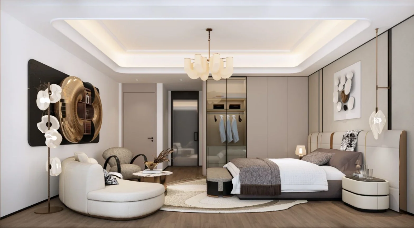 Bedroom rendering at Golden Hill Residences with an upholstered bed, curved sofa, chandelier and glass-fronted wardrobe.
