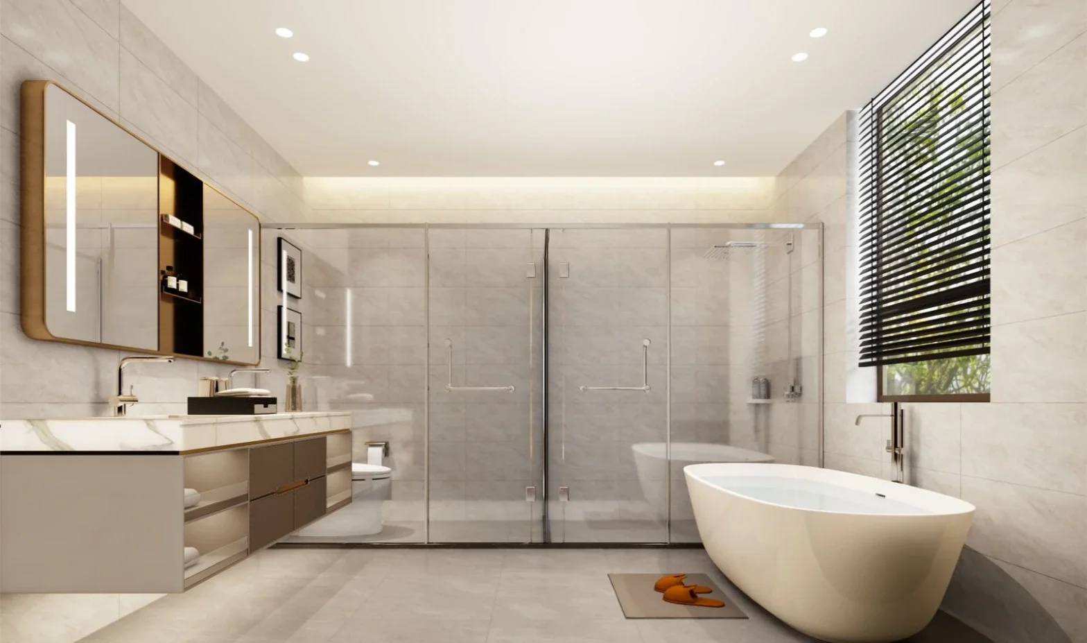 Bathroom rendering at Golden Hill Residences, Westlands, with a freestanding bathtub, vanity and glass-enclosed shower.