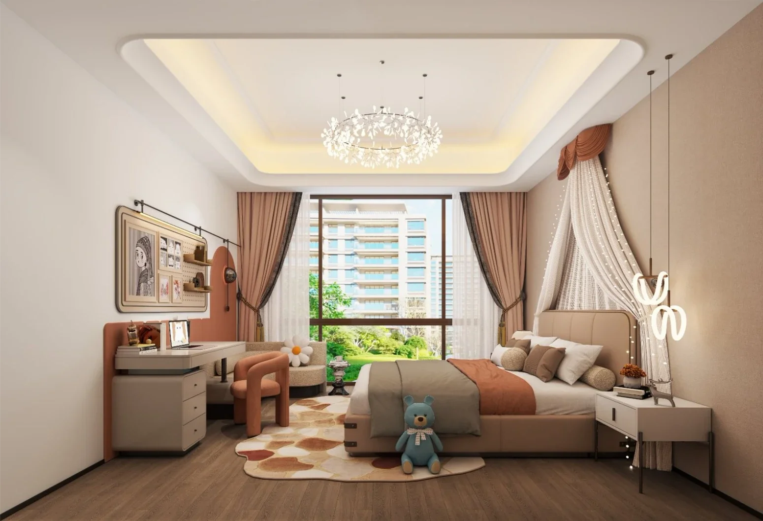 Bedroom rendering at Golden Hill Residences, Westlands, with an upholstered bed, study desk and large window.