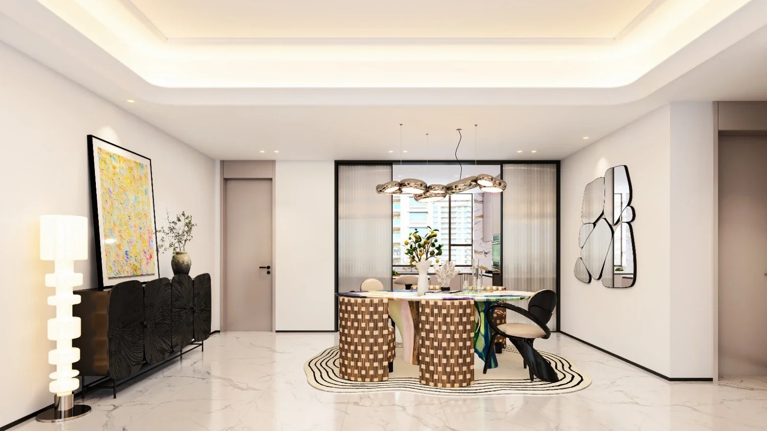Dining area at Golden Hill Residences, Westlands, with patterned chairs, pendant lighting and decorative wall mirrors.