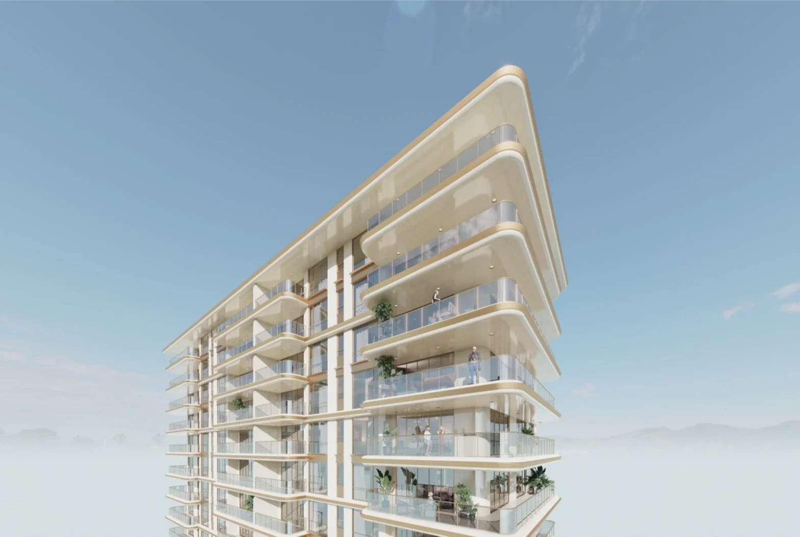 Exterior rendering of Golden Hill Residences in Westlands, showing curved balconies with glass railings.