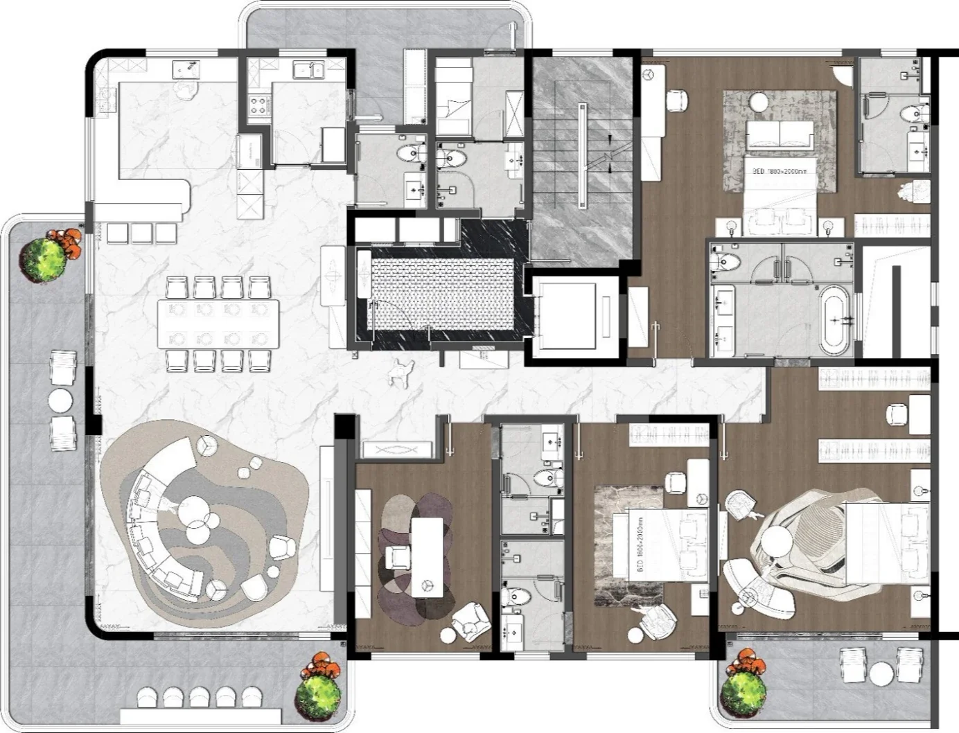 Golden Hill Residences floor plan showing bedrooms, living and dining areas, kitchen and balconies.