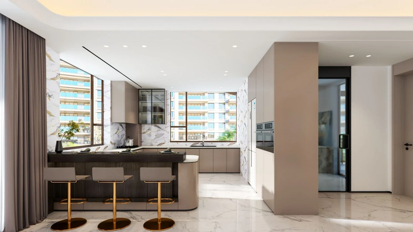 Kitchen rendering at Golden Hill Residences, Westlands, with a breakfast bar, three stools and large windows.