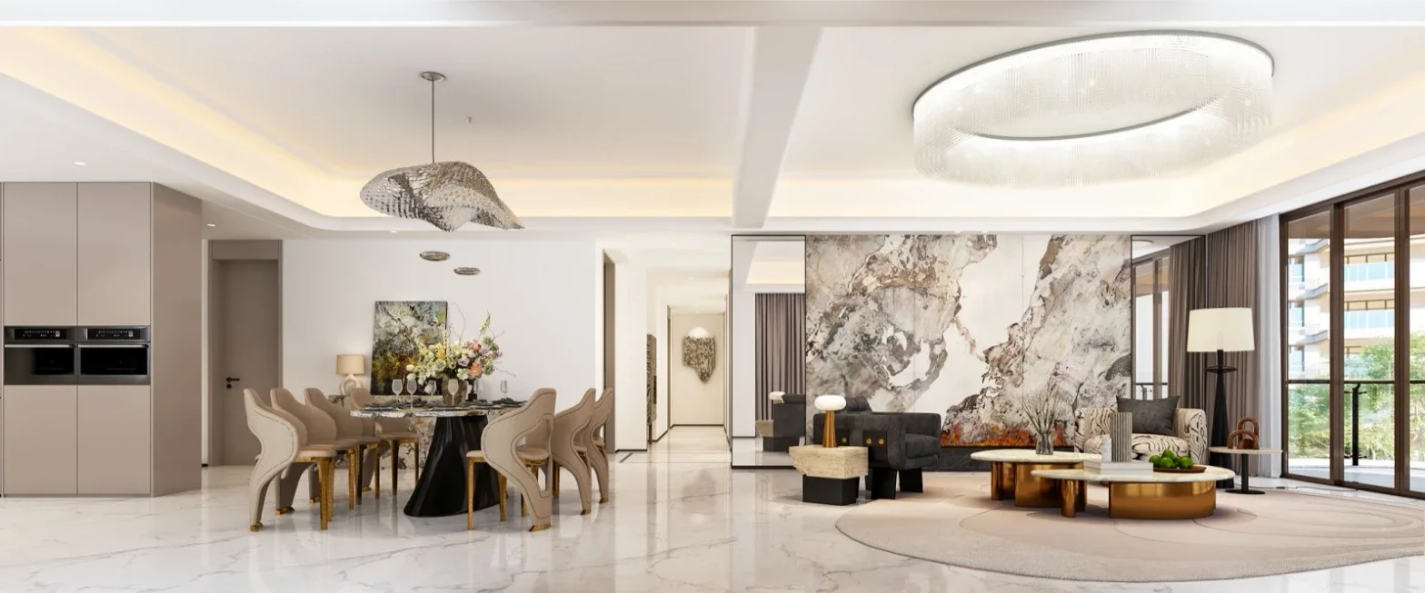 Open-plan living and dining area rendering at Golden Hill Residences, Westlands, with large windows and decorative lighting.