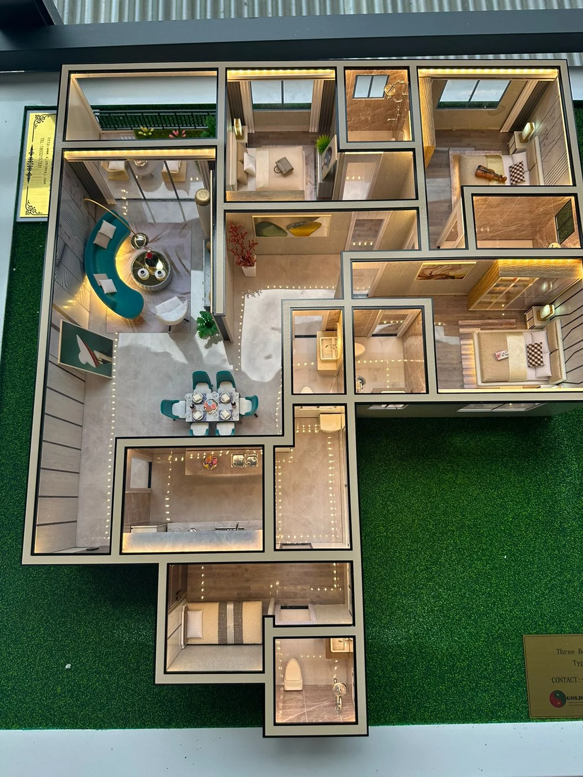 Overhead apartment scale model for Golden Street Residency, Kileleshwa, showing bedrooms, kitchen, and living and dining areas.