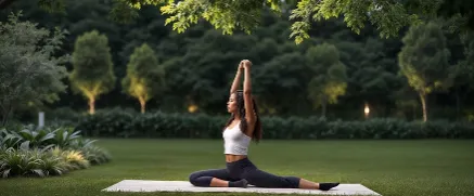 Woman practising yoga on a mat in a tree-lined garden at Hibo Manor, Karen.