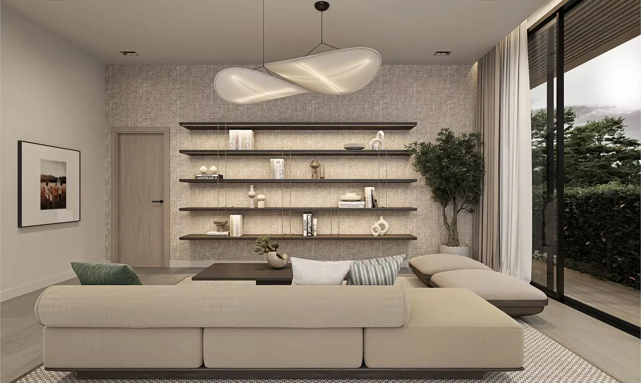 Hibo Manor lounge rendering in Karen, with a cream sectional sofa, open shelving and floor-to-ceiling windows.