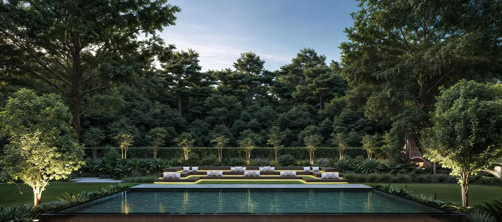 Garden rendering at Hibo Manor, Karen, with a rectangular pool, tiered seating and surrounding trees.