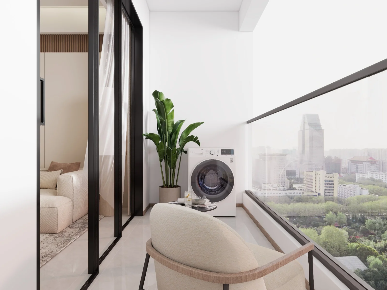 Balcony rendering at Imara Heights, Kilimani, with an armchair, washing machine, potted plant and glass railing.