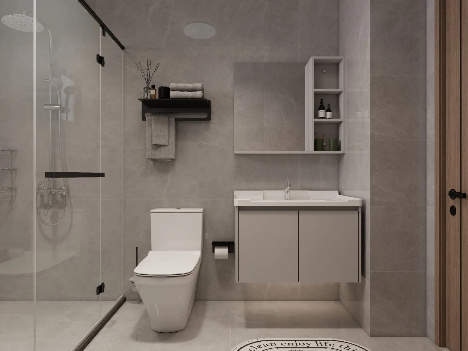 Bathroom rendering for Imara Heights, Kilimani, with a glass-enclosed shower, toilet and wall-mounted vanity.
