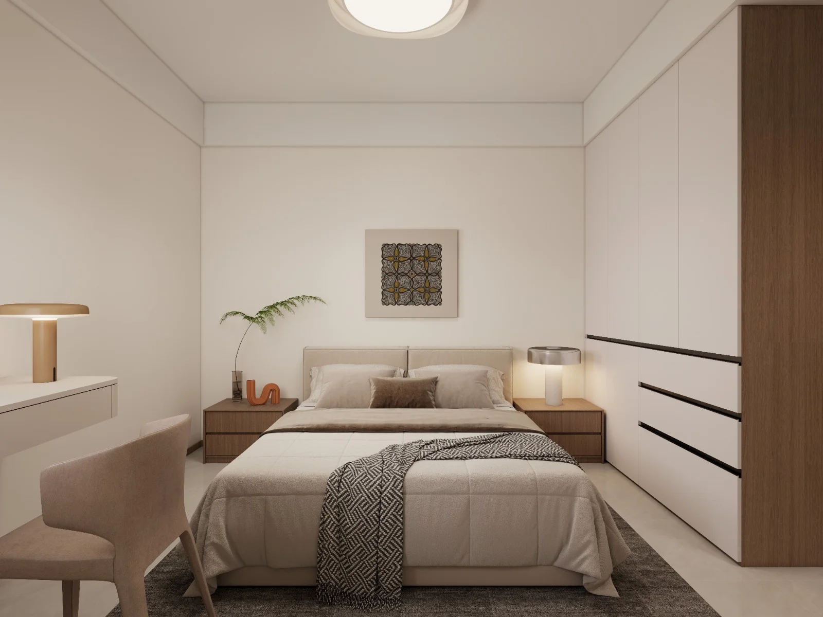 Bedroom rendering at Imara Heights, Kilimani, with a double bed, white wardrobe and desk.