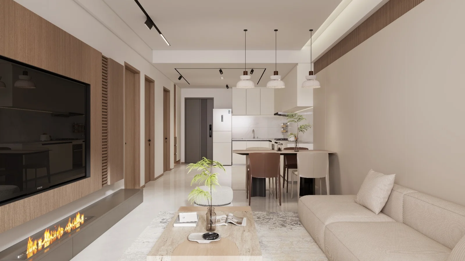 Rendered open-plan living and dining area at Imara Heights, Kilimani, with a kitchen and beige sofa.