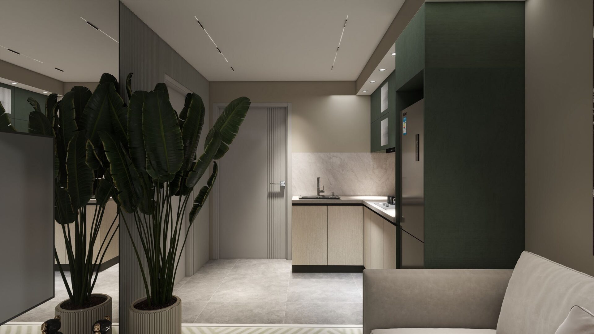 Kilimani apartment kitchen rendering with green cabinets, a refrigerator, sink and a tall potted plant.