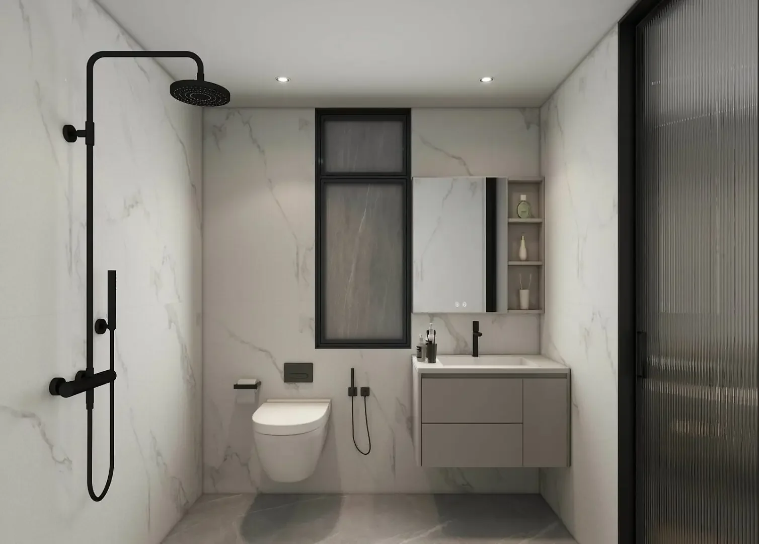Bathroom rendering at Kings Pinnacle, Westlands, with a black rainfall shower, wall-mounted toilet and floating vanity.