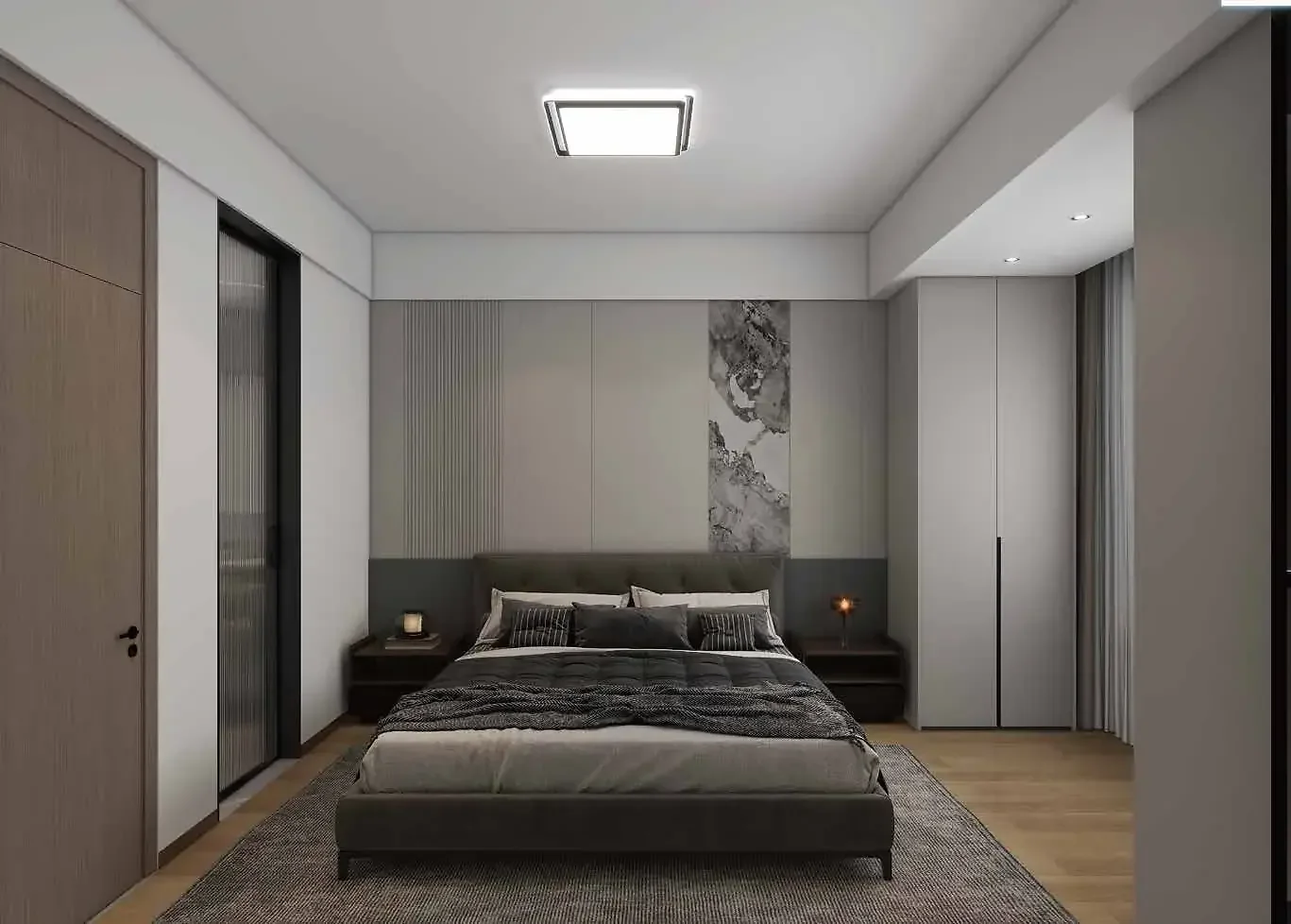 Bedroom rendering at Kings Pinnacle, Westlands, with an upholstered bed, bedside tables and a grey wardrobe.