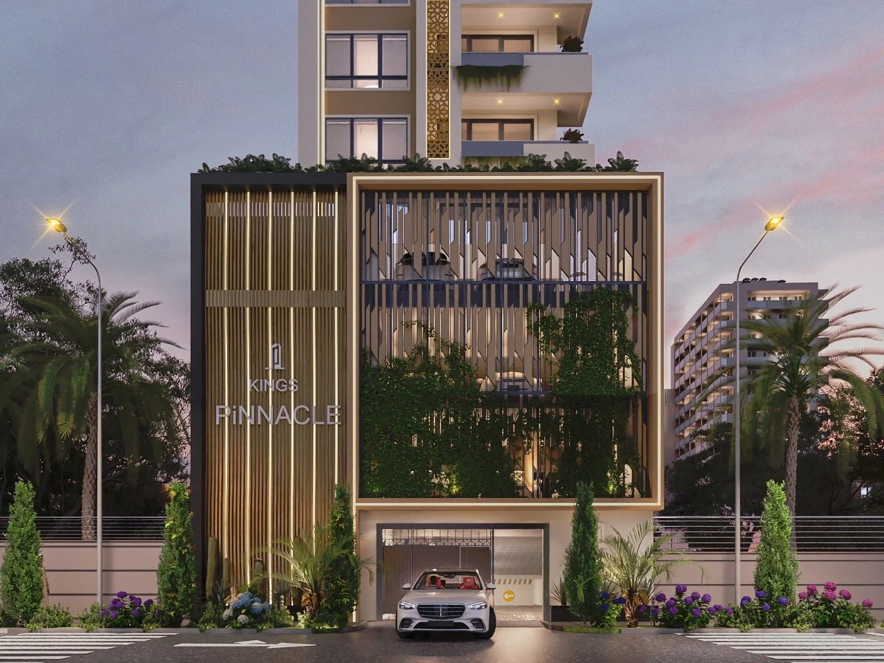 Architectural rendering of Kings Pinnacle in Westlands, showing a landscaped entrance, screened facade and upper balconies.