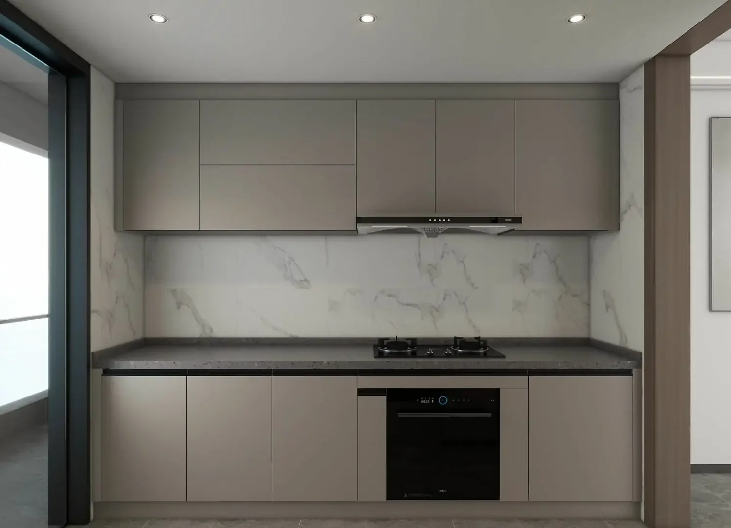 Kitchen rendering at Kings Pinnacle, Westlands, showing fitted cabinets, a built-in oven, hob and extractor hood.
