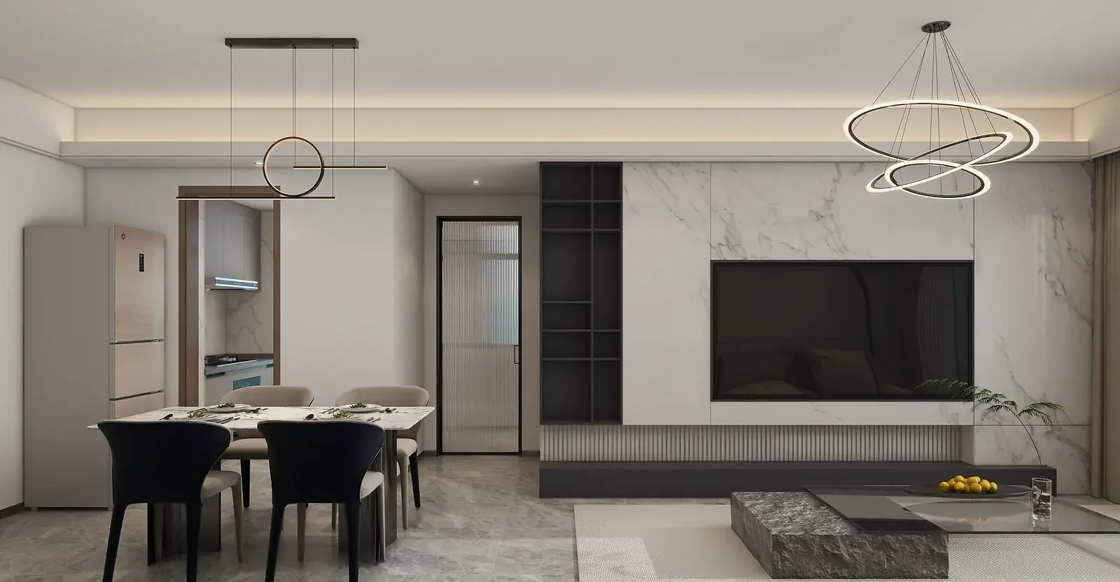 Living and dining area rendering at Kings Pinnacle, Westlands, with pendant lights and a wall-mounted television.
