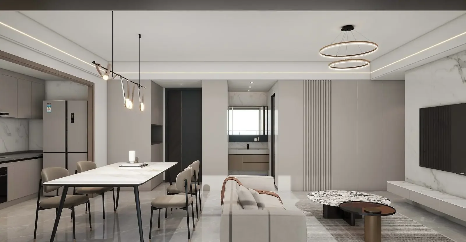 Kings Pinnacle Westlands interior rendering with a sofa, dining table, adjoining kitchen and wall-mounted television.