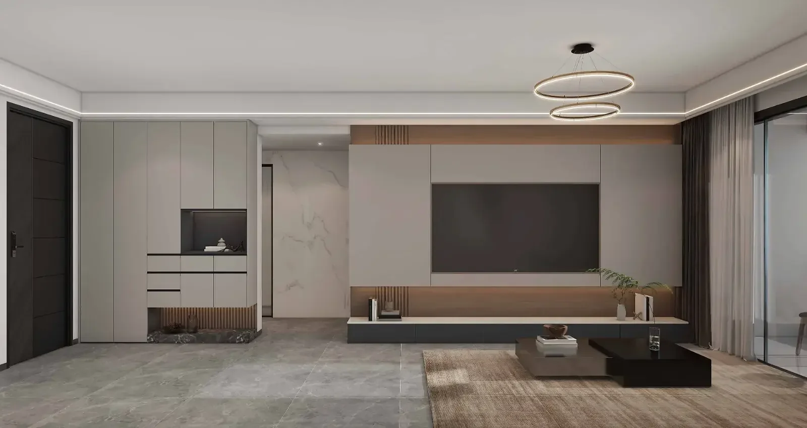 Living room rendering at Kings Pinnacle, Westlands, with TV wall cabinetry, low coffee tables and circular pendant lights.