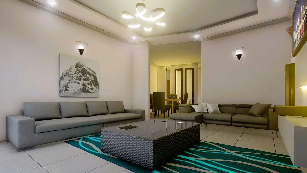 Living room rendering at Kings Pinnacle, Westlands, with grey sofas, a coffee table and teal rug.