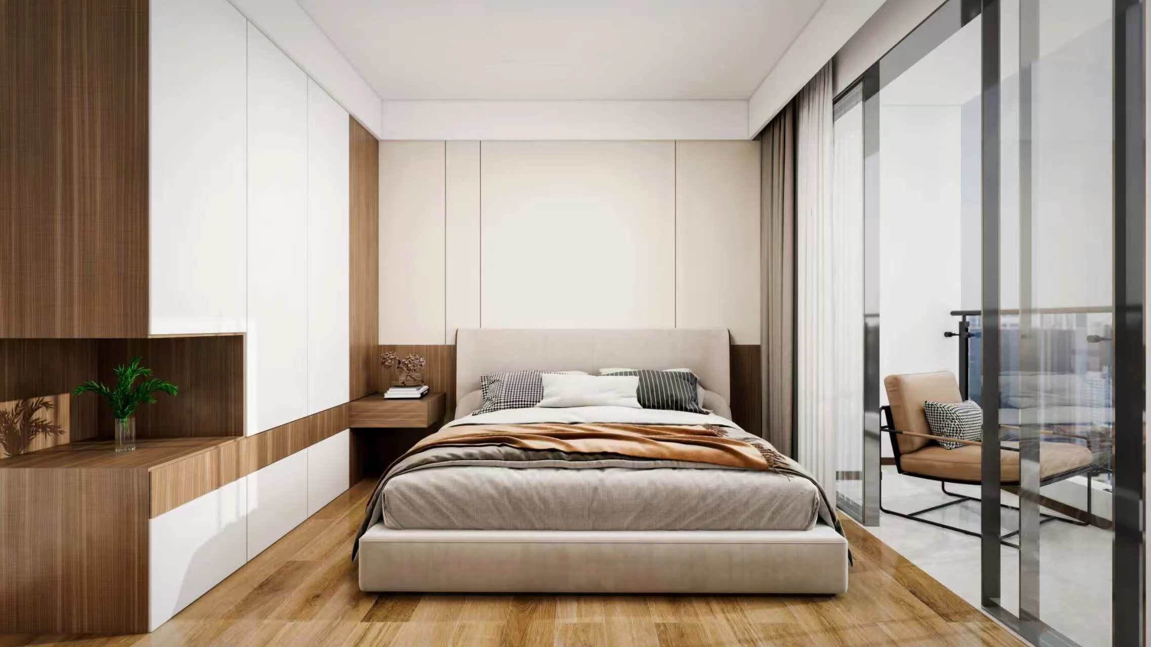 Bedroom rendering at Lenana Springs Garden, Kilimani, with built-in cabinets and sliding glass balcony doors.