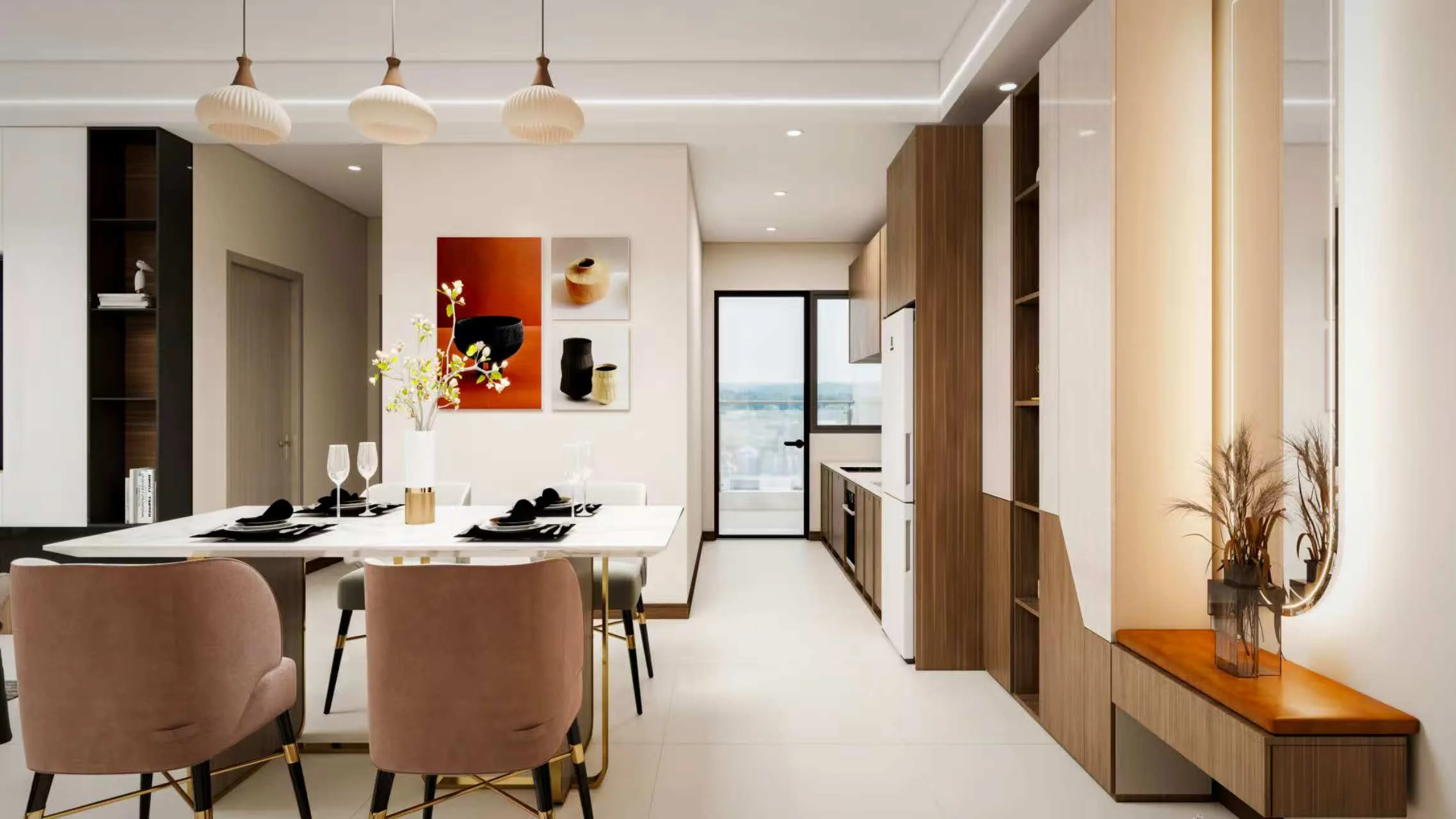 Dining area and kitchen rendering at Lenana Springs Garden, Kilimani, with pendant lights and upholstered chairs.