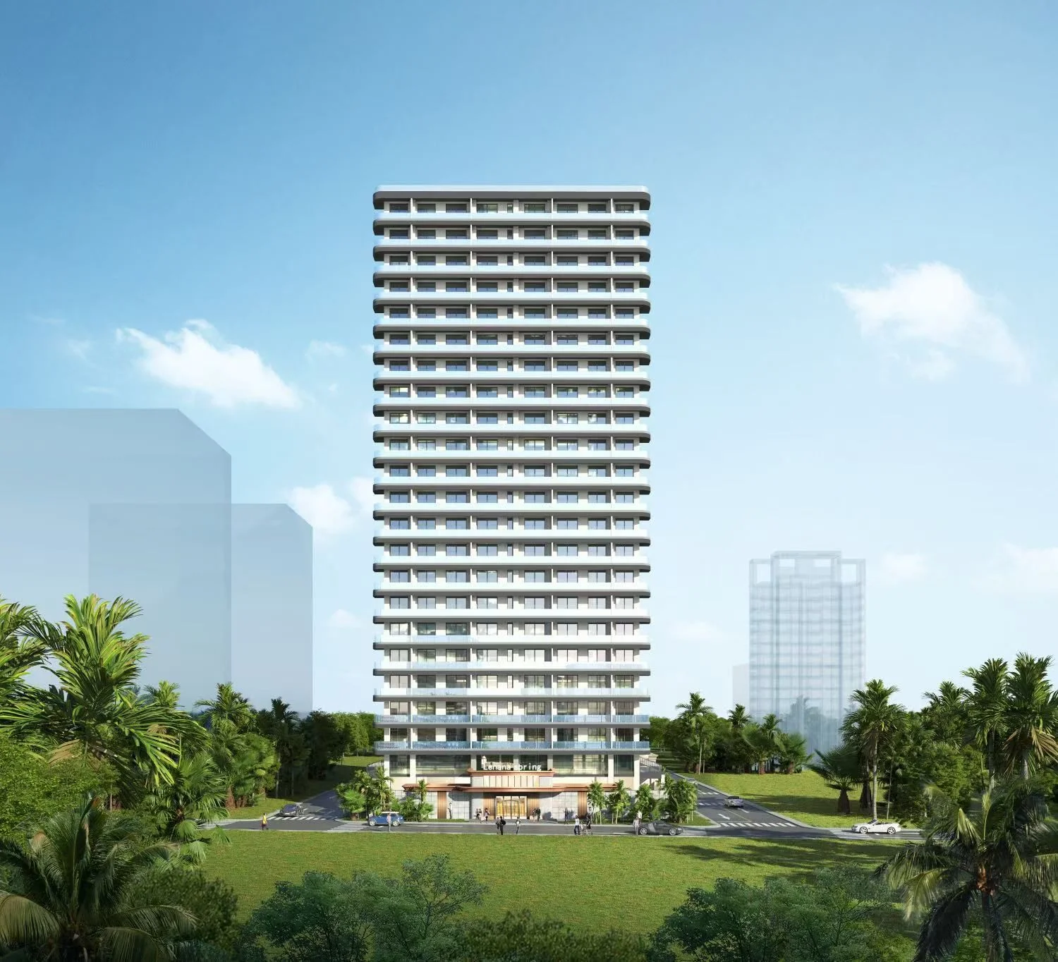Exterior rendering of Lenana Springs Garden in Kilimani, showing a high-rise tower, balconies and surrounding palm trees.