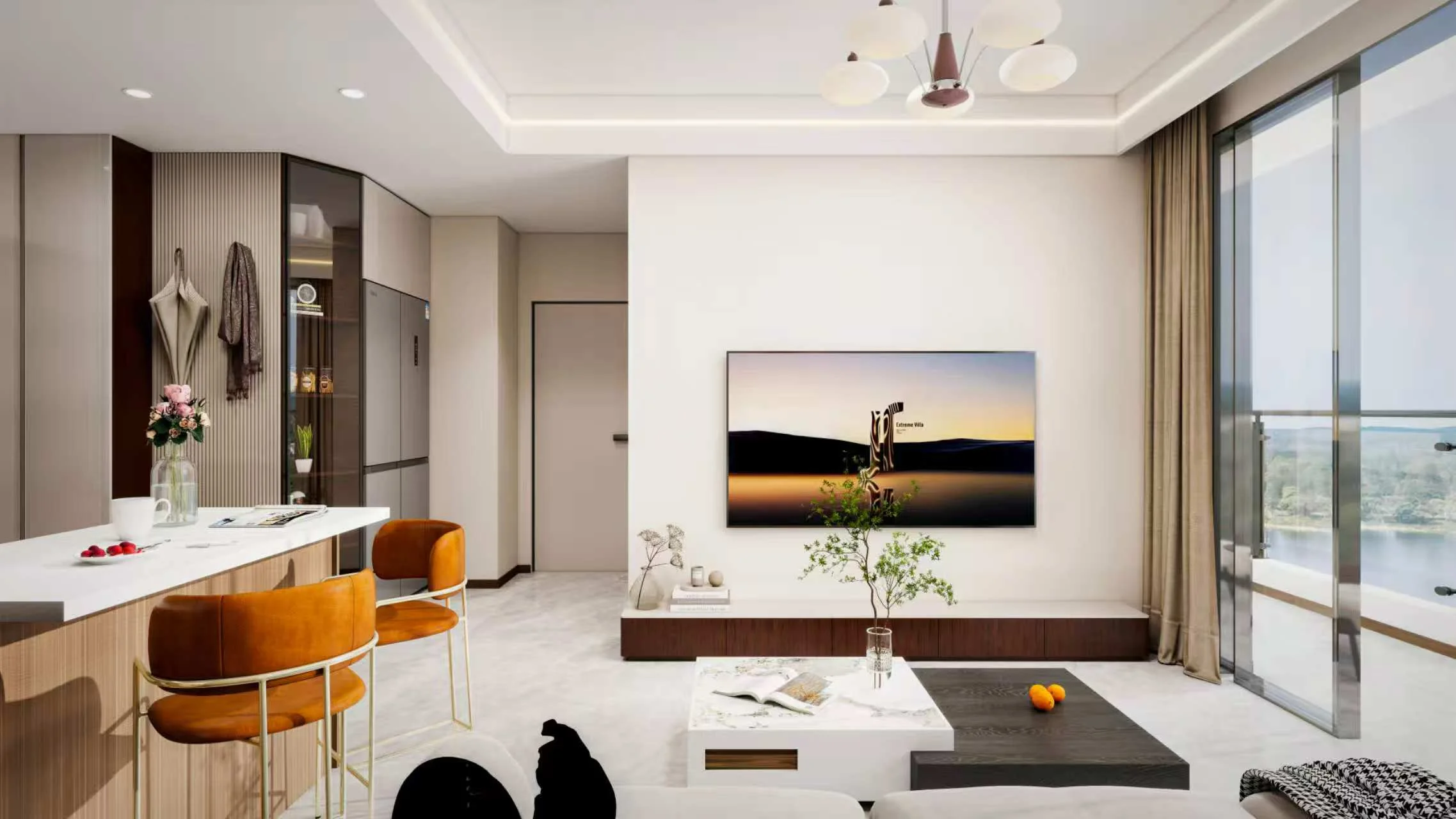 Living area rendering at Lenana Springs Garden, Kilimani, with orange bar stools, wall-mounted TV and balcony doors.