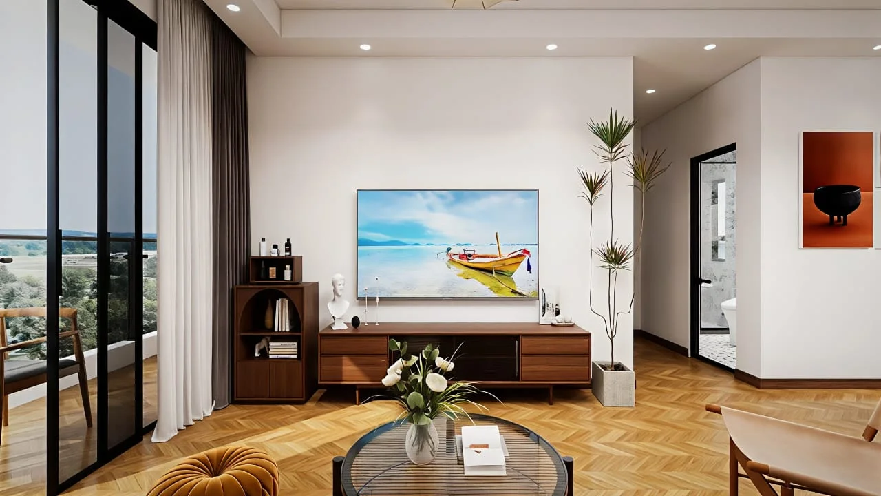 Living room rendering at Lenana Springs Garden, Kilimani, with wall-mounted TV, round coffee table and balcony doors.