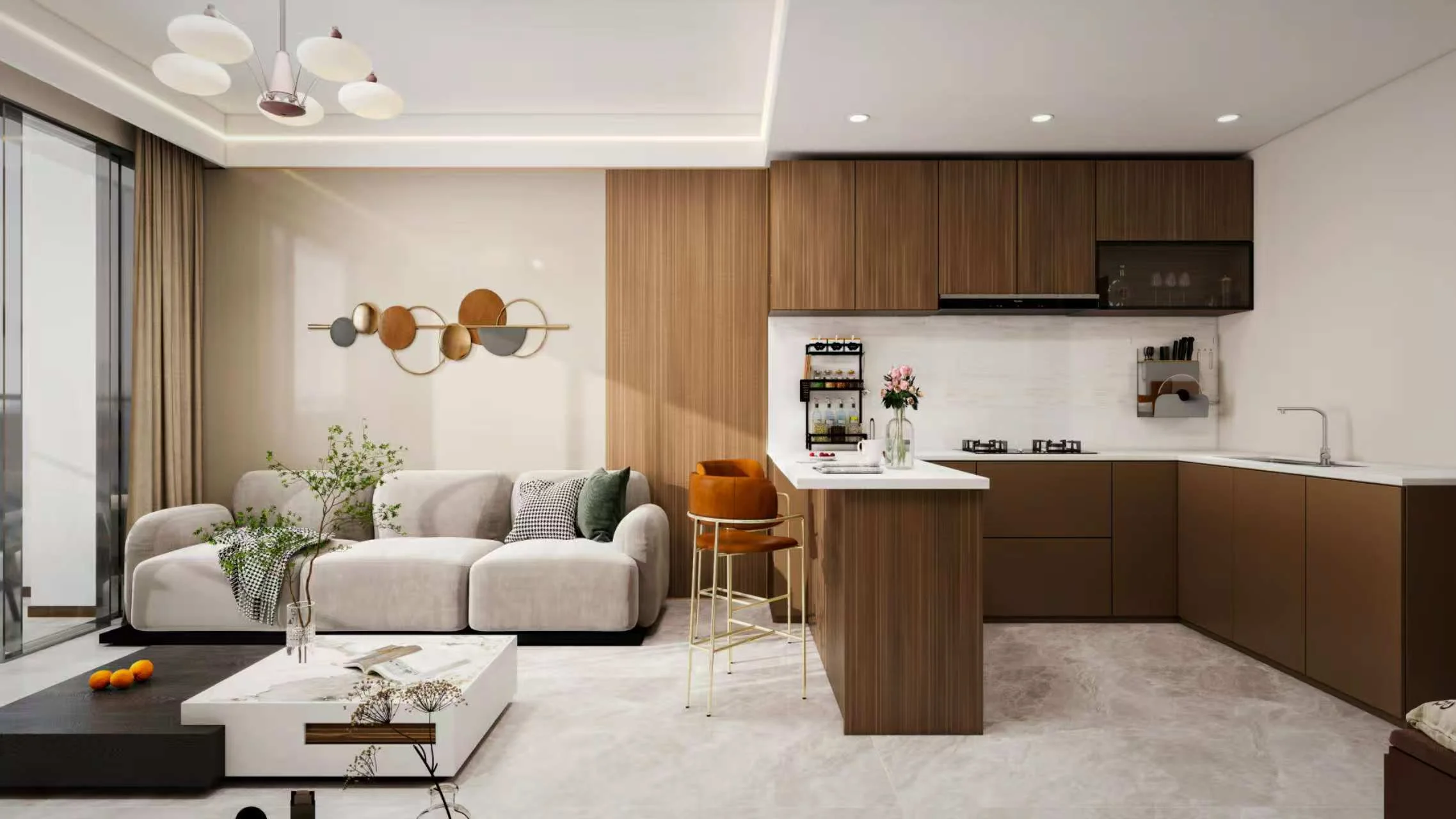 Open-plan kitchen and living room rendering at Lenana Springs Garden, with cream sofa and breakfast bar.