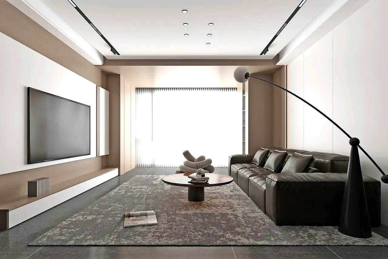 Living room rendering for Lido Garden, Kilimani, with a dark sofa and round coffee table.