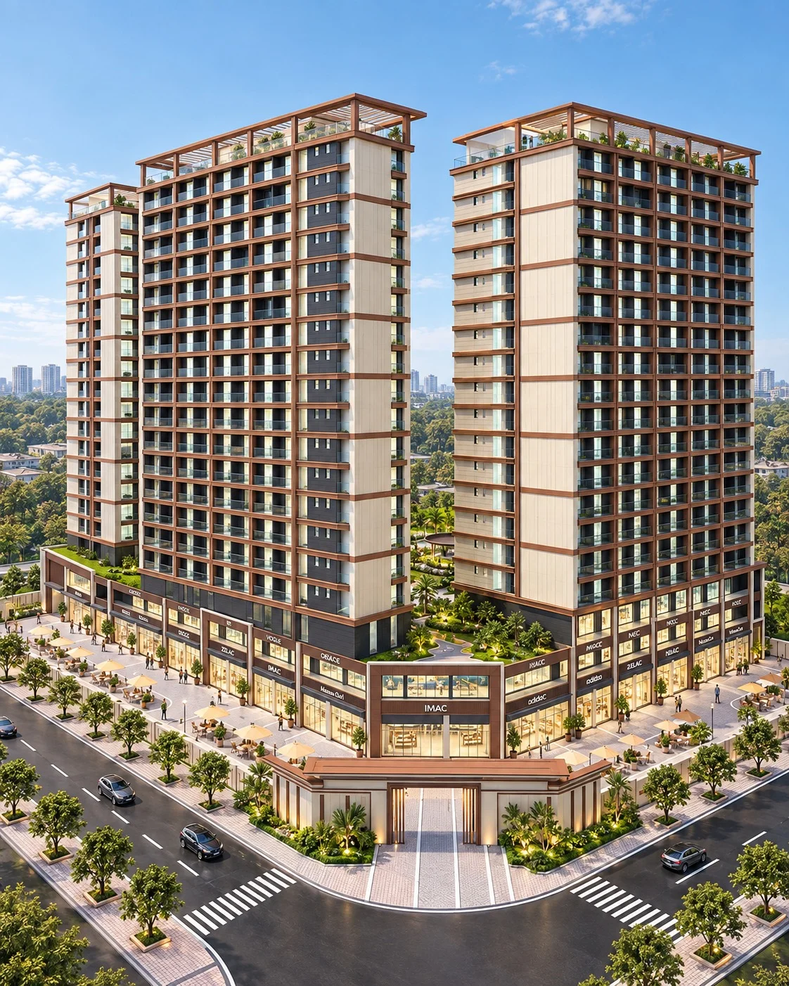 Architectural rendering of Longines Bay Kilimani, showing apartment towers with balconies, rooftop pergolas and street-level shops.