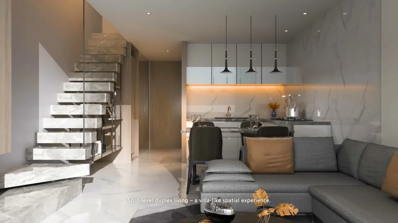 Duplex interior rendering at Longines Bay, Kilimani, with staircase, open-plan kitchen, dining area and grey sectional sofa.