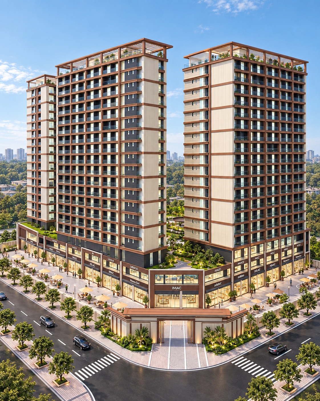 Exterior rendering of Longines Bay Kilimani, showing apartment towers, balconies, rooftop terraces and street-level shops.