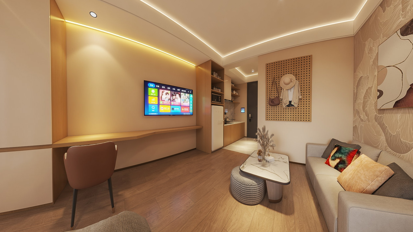 Living area rendering at Longines Bay Kilimani, with a sofa, wall-mounted TV, desk and kitchenette.
