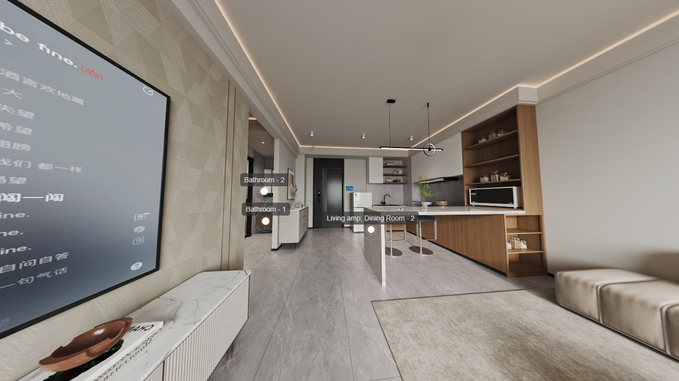 Open-plan living area and kitchen rendering at Longines Bay Kilimani, with breakfast bar, stools and wall-mounted television.
