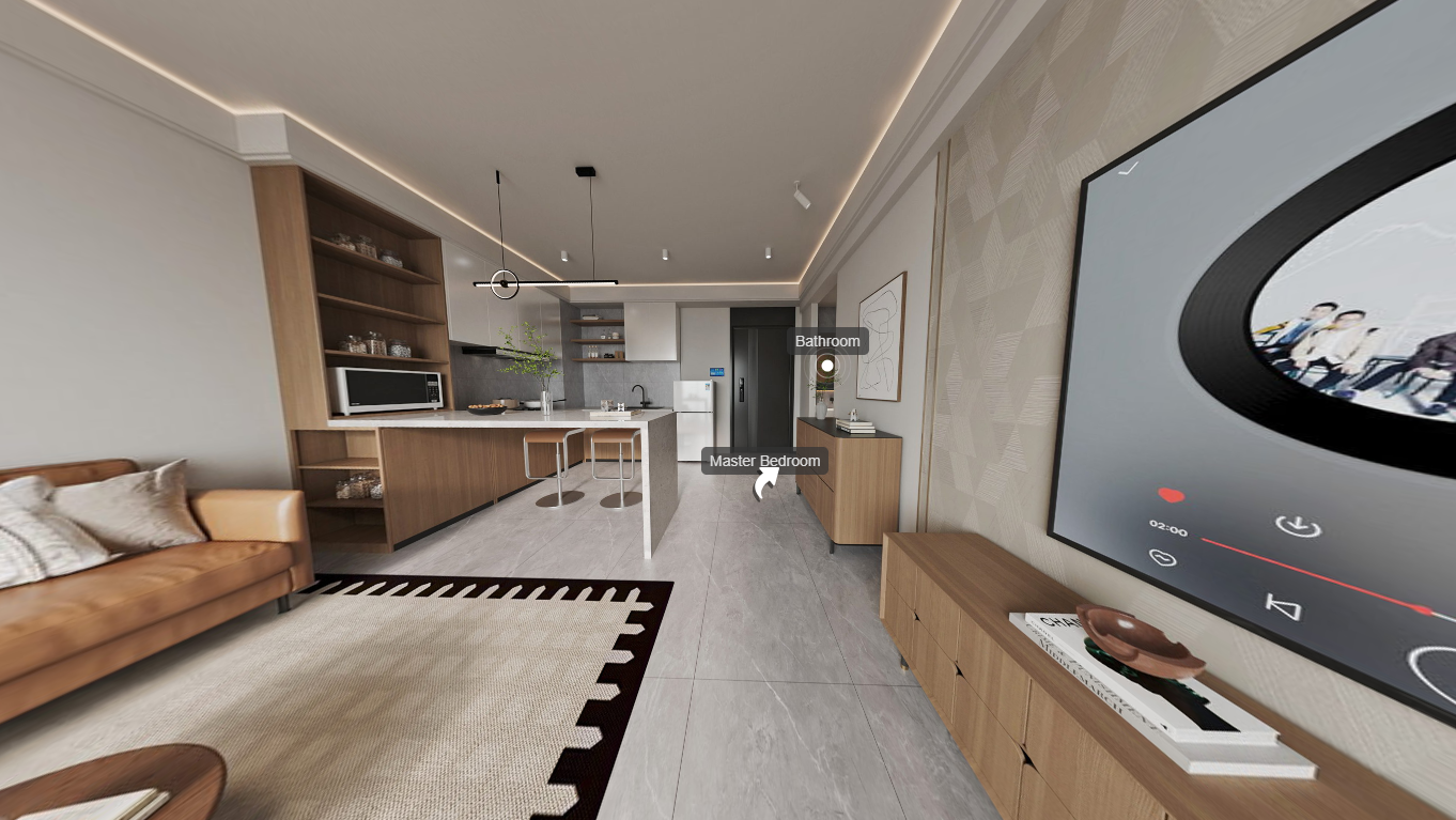 Open-plan living room and kitchen rendering at Longines Bay Kilimani, with a sofa and breakfast bar.