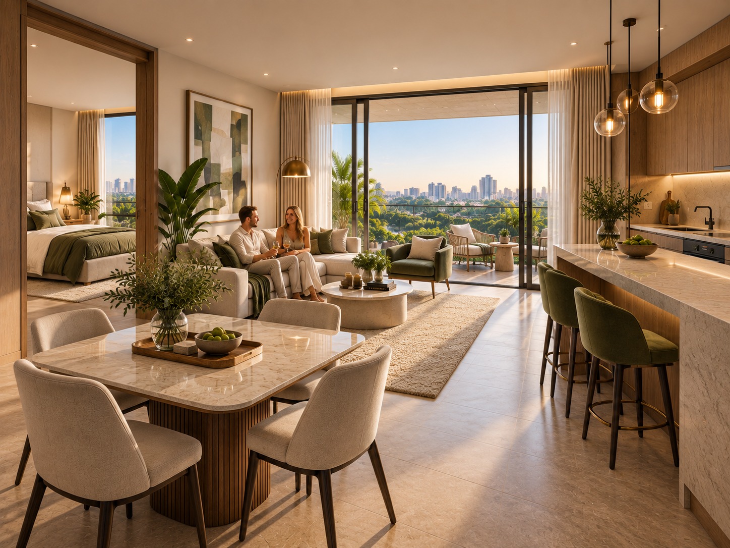 Rendered open-plan living and dining area at Longines Bay Kilimani, with kitchen island and balcony.