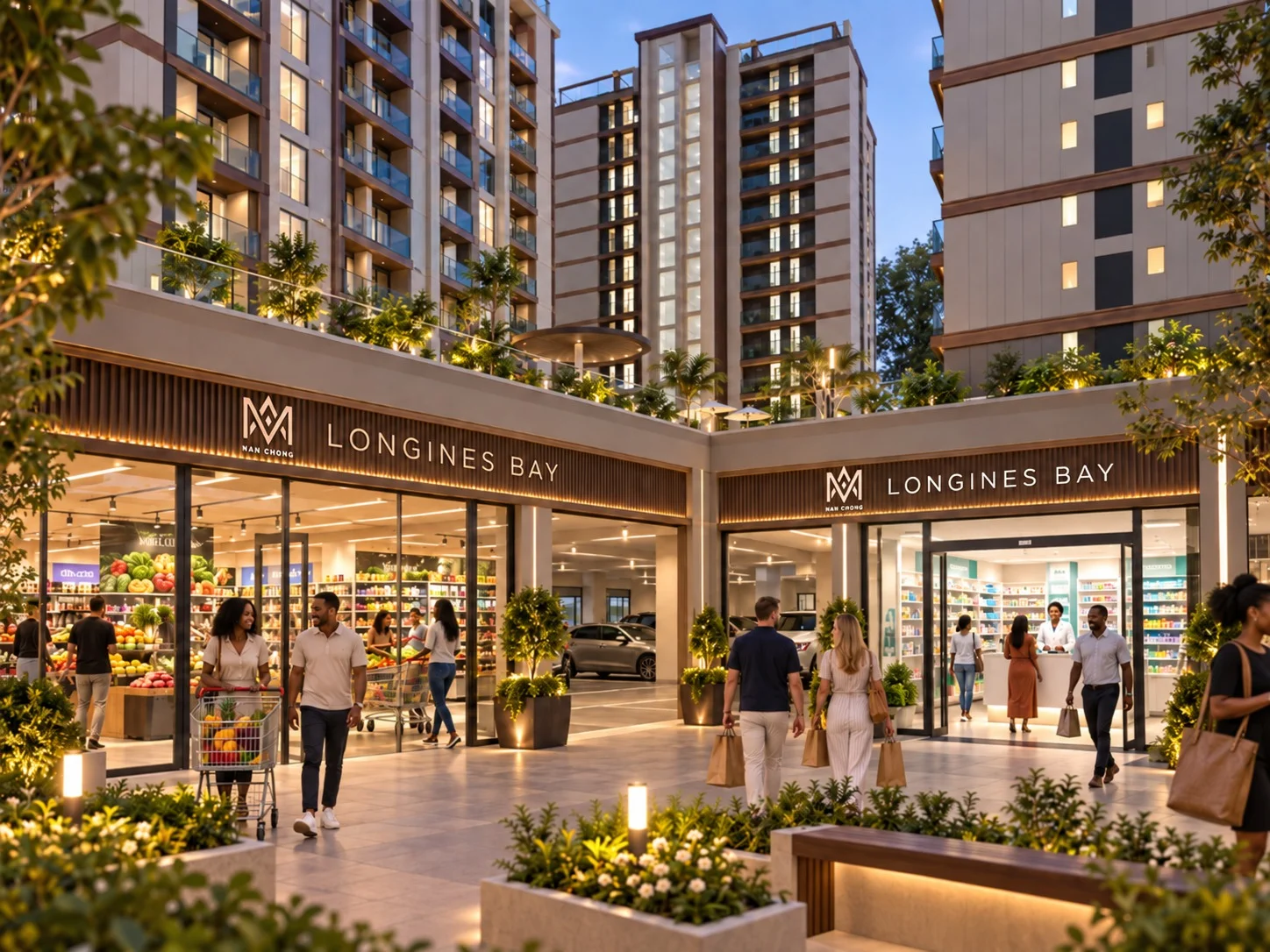 Rendering of Longines Bay Kilimani with ground-floor shops, shoppers, landscaped walkways and apartment towers above.
