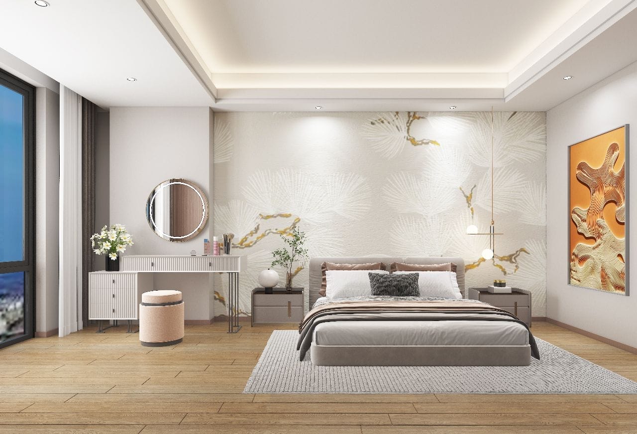 Bedroom rendering at Lovi Crescent, Westlands, featuring an upholstered bed, dressing table, round mirror and patterned accent wall.