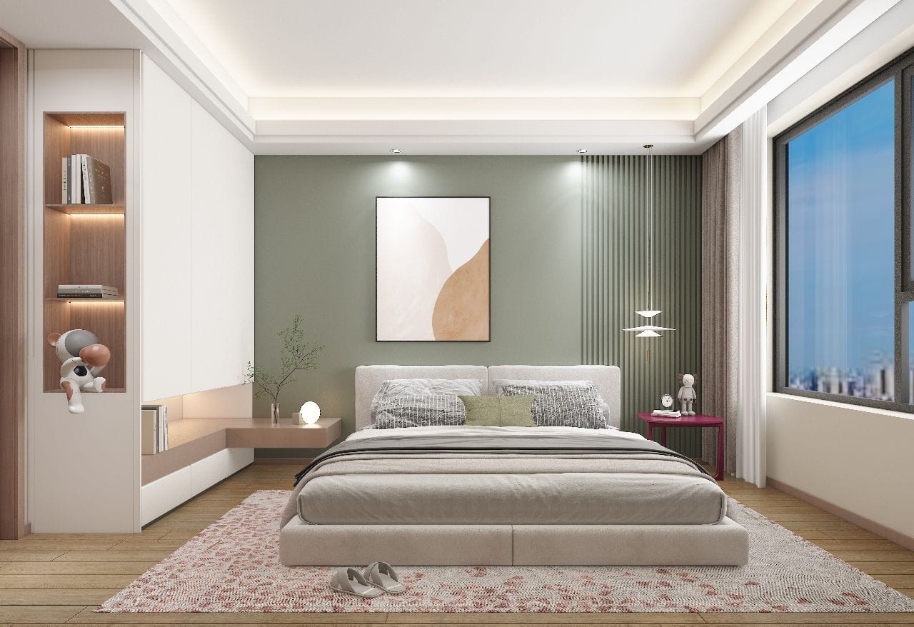 Bedroom rendering at Lovi Crescent, Westlands, with an upholstered bed, green accent wall and large window.