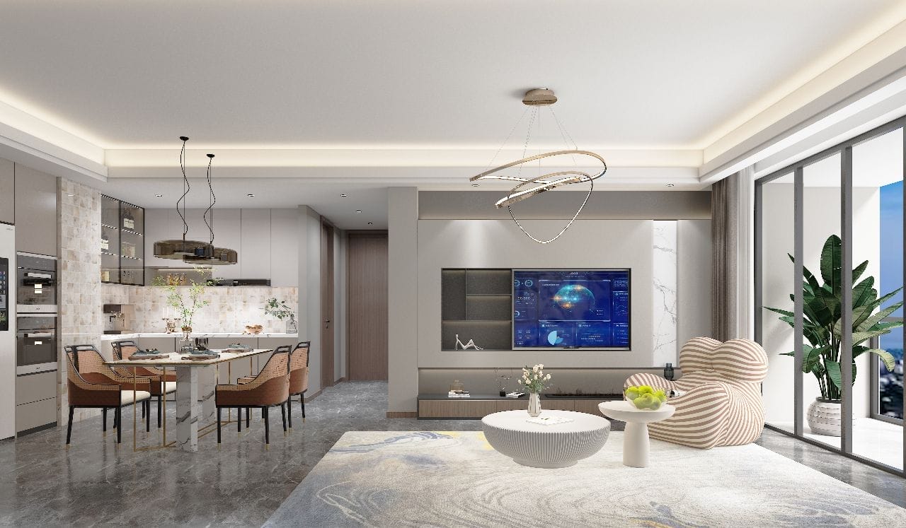 Open-plan living, dining and kitchen rendering at Lovi Crescent, Westlands, with pendant lighting and large windows.