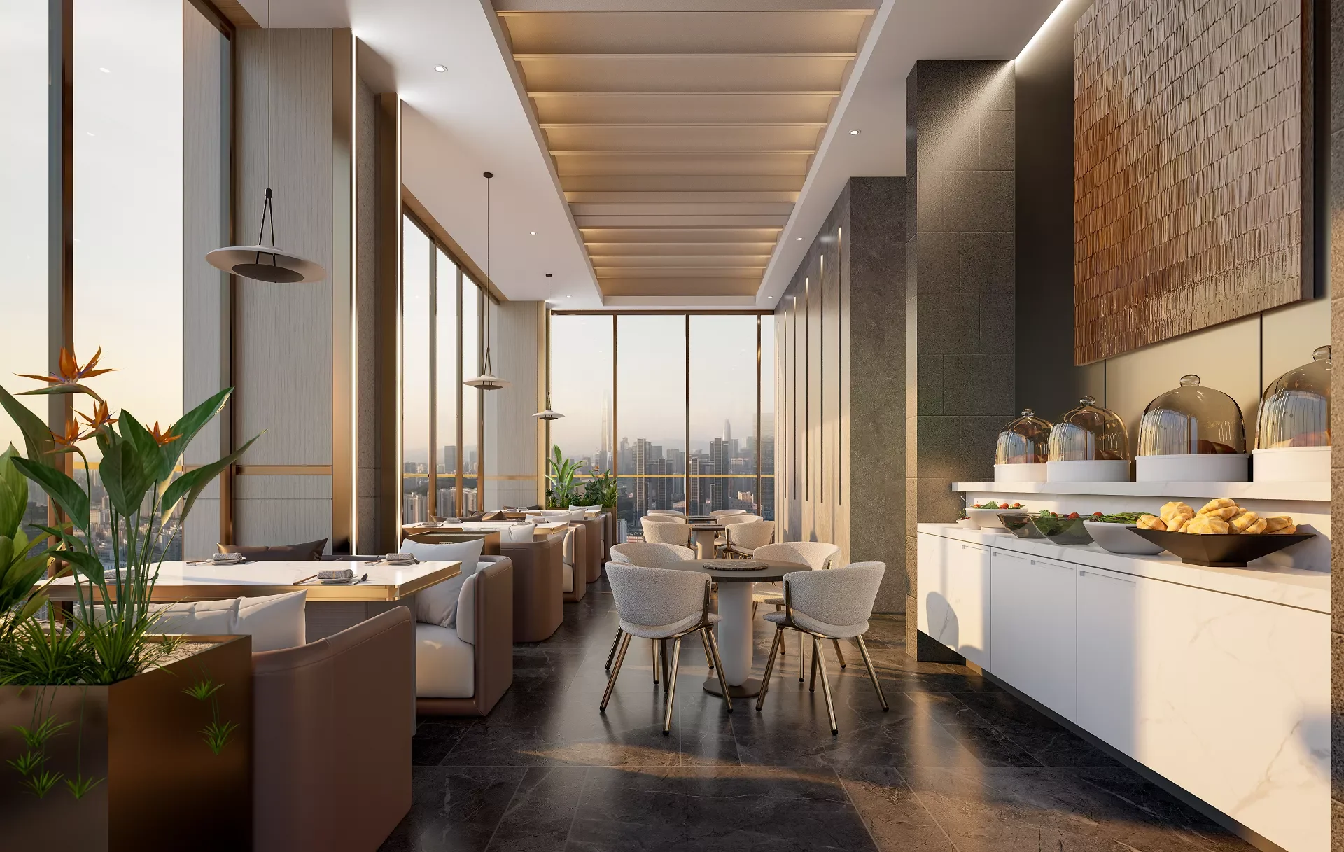 Luminara Apartments dining area rendering with upholstered seating, buffet counter and city views through floor-to-ceiling windows.