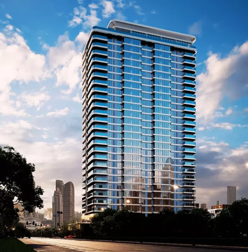 Rendering of Luminara Apartments in Westlands, showing a high-rise facade with glass windows and curved balconies.