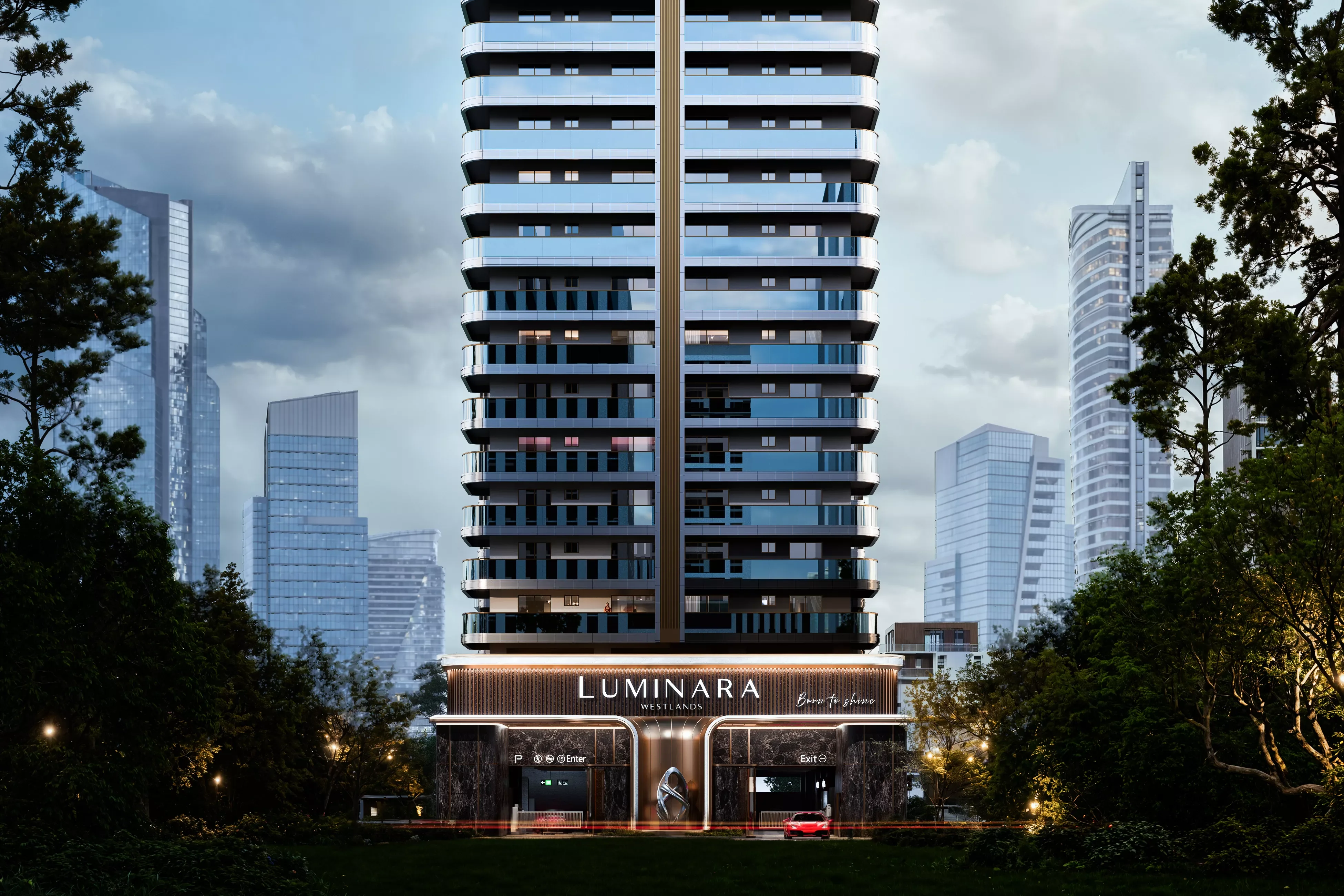 Exterior rendering of Luminara Apartments in Westlands, showing glass-fronted balconies and an illuminated entrance framed by trees.